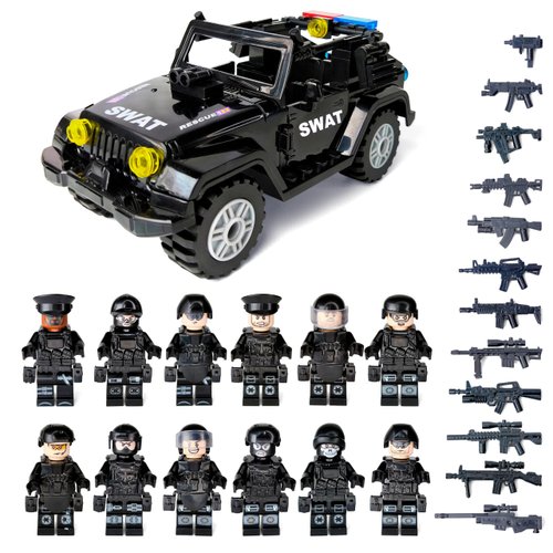 Toysvill SWAT Military Police Building Block Set for Kids | SUV + Soldiers Minifigures (12 PCS) with Weapons and Accessories Gift