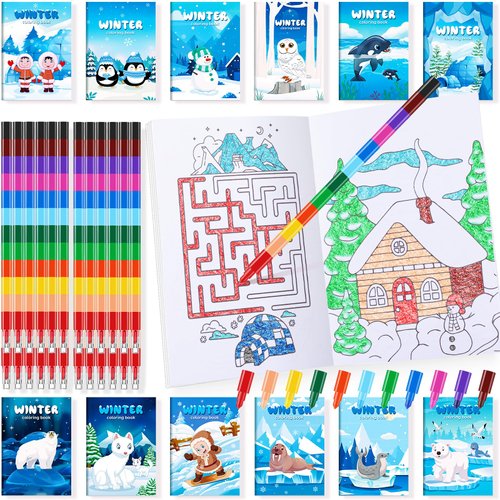 BenLouis 24 Winter Mini Coloring Books Kids with 24 Stacking Crayons Polar Animals Party Favors Activity Books Bulk for Kids Winter Holiday Goodie Bag Gift Stuffer Classroom Reward