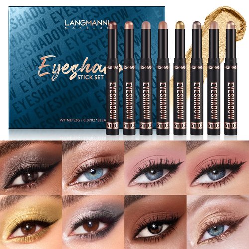 LANGMANNI Eyeshadow Stick,8 PCS Soft Smooth Cream Eyeshadow Stick Gift Set,Matte Earth Color+Bright Metal Color Contour Stick,Waterproof & Long-Lasting Eyeshadow Stick (#B)