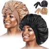 2Pcs Satin Bonnet for Black Women,Satin Hair Tie Bonnet,Jumbo Curly Hair Silky Bonnet,Soft Head Scarf Wrap Hair Bonnet with Tie Band,Adjustable Braids Bonnet Sleep Cap for Long Curly Hair(Black&Khaki)