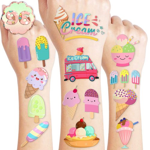 8 Sheets (96PCS) Ice Cream Temporary Tattoos Birthday Party Decorations Favors Tattoos Stickers Cute Party Supplies Kids Girls Boys Gifts Classroom School Prizes Themed