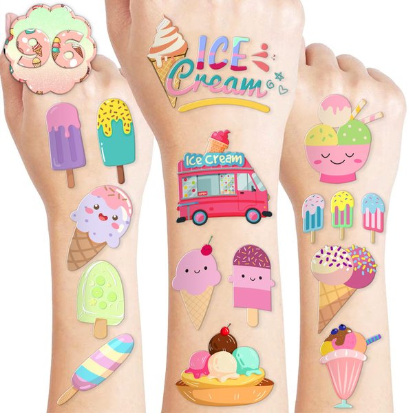 8 Sheets (96PCS) Ice Cream Temporary Tattoos Birthday Party Decorations Favors Tattoos Stickers Cute Party Supplies Kids Girls Boys Gifts Classroom School Prizes Themed