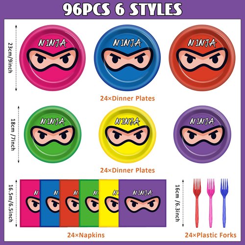 Justforjoyful 96Pcs Ninja Birthday Party Supplies Ninja Warrior Plates Napkins Party Decorations Ninja Master Tableware Set Karate Dinnerware for Kids Boys Girls Birthday Party Favor for 24 Guests