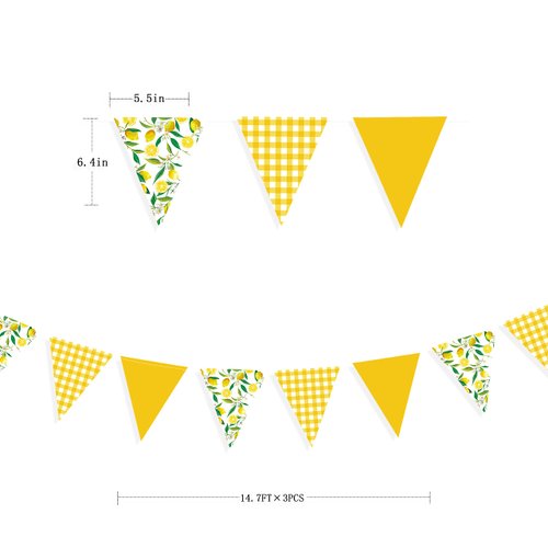 44 Ft Lemon Party Decorations Yellow Plaid Floral Lemon Banner Bunting Hanging Paper Triangle Garland Streamer for Wedding Bridal Shower Engagement Bachelorette Baby Shower Birthday Party Supplies