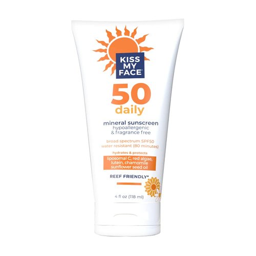 Kiss My Face Daily Sunscreen Lotion SPF 50-Water-Resistant Sunscreen Mineral Lotion-Reef-Friendly & Cruelty-Free -Hypoallergenic And Fragrance-Free With Sunflower Seed Oil and Chamomile - 4 fl oz Tube