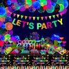 255 Pack Glow Neon Party Supplies Glow Sticks Party Decorations Black Light Reactive Decor Set - Fluorescent Banner, Glow in The Dark Balloons, Neon Tablecloths, Cake Toppers, Light Up Sticks, Glasses