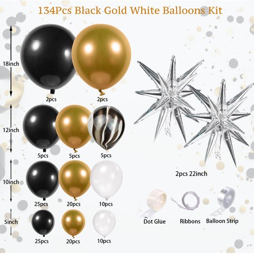134Pcs Black White And Gold Balloons Arch Luxurious Retirement Metallic Golden Balloon Garland Set Decor Kit For Roaring 20s, New Year's, Birthdays, Graduations & Themed Celebrations