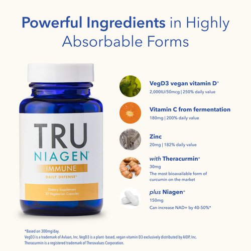 TRU NIAGEN Immune Support Supplement - Daily Defense - Vitamin C from Fermentation, Vegan Vitamin D3 2000 IU, Zinc, Plus Theracurmin (Curcumin) + Multi Award-Winning NAD Boosting Niagen 150mg 30ct