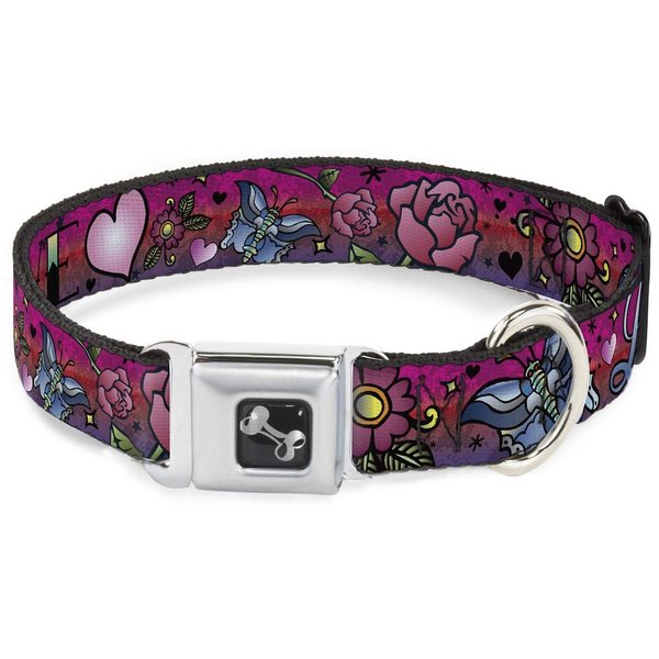 Dog Collar Seatbelt Buckle Love Love Pink 9 to 15 Inches 1.0 Inch Wide, DC-W31213-S