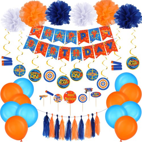 Skylety 53 Pieces Dart Battle Party Supplies Dart Gun Birthday Decorations Supplies Include Gun Banner Paper Flower Pom Hanging Swirls Latex Balloons Tassel Garland Cake Cupcake Topper