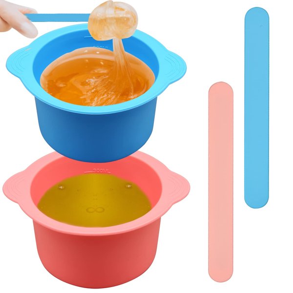 Silicone Wax Warmer Liners with Spatula Sticks - 2 Pcs Non-Stick Reusable Wax Melt Bowls for Hair Removal (Blue, Pink)