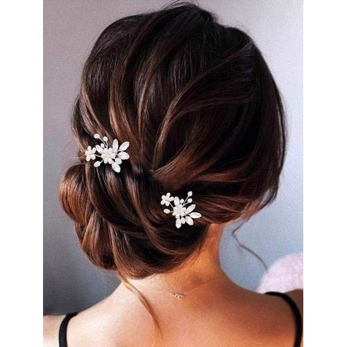 Unsutuo Bride Wedding Hair Pins Silver Crystal Bridal Hair Accessories Pearl Flower Hair Pieces for Women and Girls(Pack of 2) (Silver)