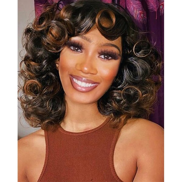 KEAT Curly Wigs for Black Women Short Big Curly Kinky Wigs for Women Afro Wavy Black Mixed Brown Wig with Bangs Cute Natural Synthetic Wigs for African American Women K002