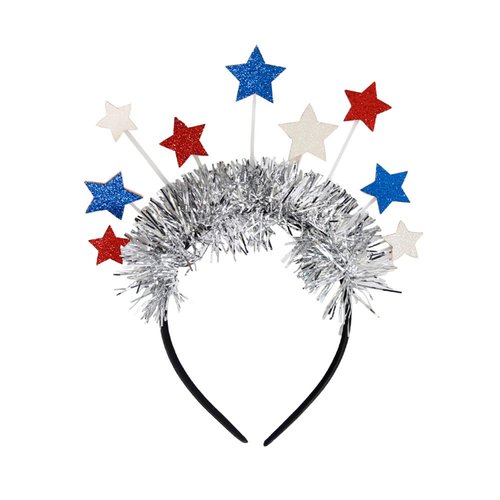 Dzrige Patriotic Head Boppers Headband,Glitter Star Hair Band Hoop,Red White Blue Star with Silver Tinsel Headpiece for Independence Day 4th of July Party Props Decoration