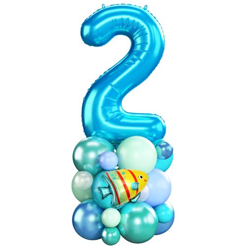 Blue Number 2 Balloon 40 Inch Ocean Under the Sea Number Two Foil Balloons Tower with Shark Bubble Fish for Boys Second 2nd Birthday Party Decor Green Underwater Digital Aluminum Mylar Balloons Stack