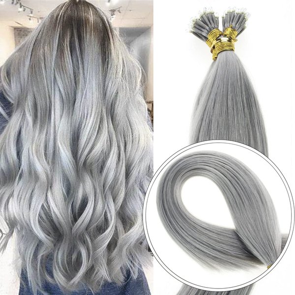 Nano Ring Hair Extensions Human Hair Keratin Cold Fusion Nano Tip Micro Nano Beads Link Thick Hair Balayage Highlight Ombre Real Remy Hair 1g/s (16inch50gr50s, Silver Gray)