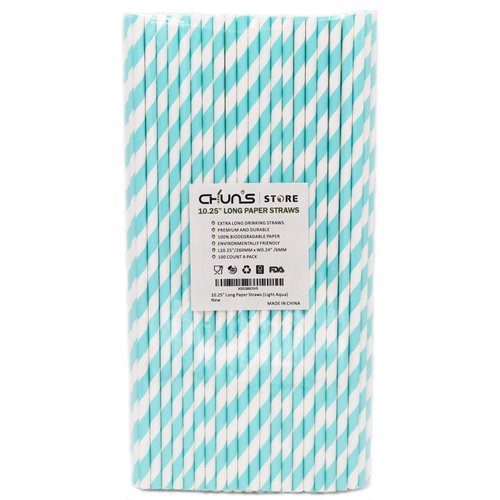 Aqua Paper Straws 10 Inch Extra Long - for Tall Drinks, Baby Shower, Parties, Cocktails - 100 Counts