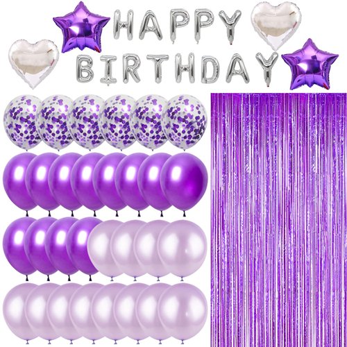 49pcs Purple Silver Birthday Decorations Party Supplies Set, Purple Balloons, Fringed Curtain and Silver 16inch Happy Brthday Banner for Birthday Party