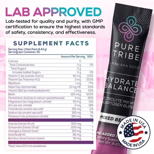 PURE TRIBE Electrolytes Powder Packets - Sugar Free Hydration Powder Drink Mix Loaded with 6 B Vitamins & Minerals - Energy Drink Powder for Muscle & Mood Support - Mixed Berry Flavor - 30 Servings