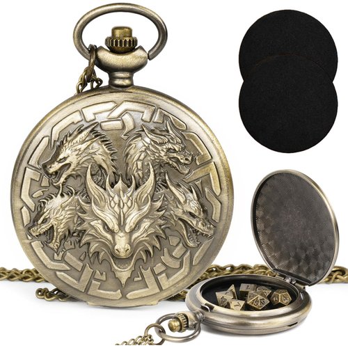 Kabinka DND Dice Set, 7pcs Mini Metal Dice with Pocket Watch Shell, Portable D&D Dice with Necklace, Dungeons and Dragons Dice for RPG(Five-Headed Dragon, Bronze)