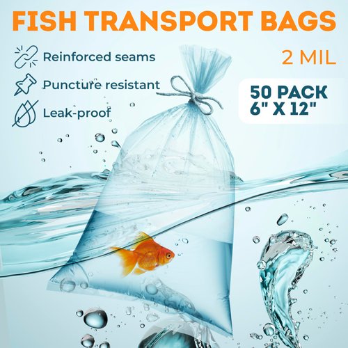AMZ Clear Plastic Fish Bags for Live Fish, 6 x 12 Inch. Pack of 50 Polyethylene Live Fish Shipping Bags. 2 Mil Thick Aquarium Fish Bags. Durable Fish Transport Bags. Plastic Bags for Fish Transport