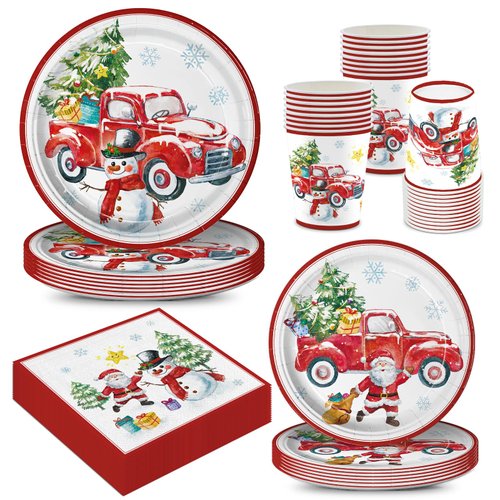 120pcs Christmas Truck Party Plates Napkins Christmas Party Supplies Santa Snowman Christmas Tree Paper Plates for Xmas Winter Holiday Serve 30 Guests