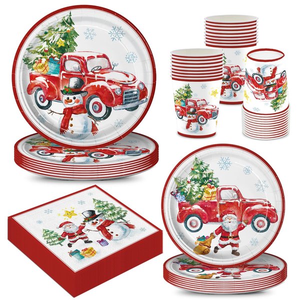 120pcs Christmas Truck Party Plates Napkins Christmas Party Supplies Santa Snowman Christmas Tree Paper Plates for Xmas Winter Holiday Serve 30 Guests