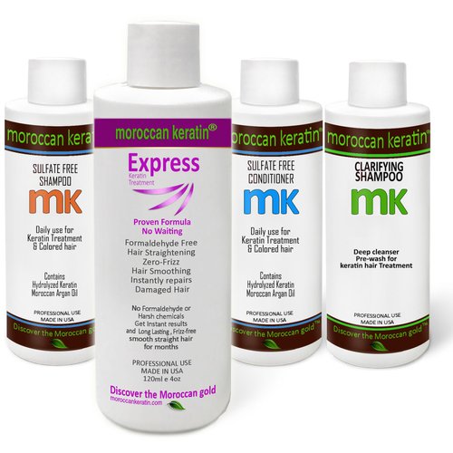 Moroccan Keratin Express Formaldehyde-Free Brazilian Keratin Hair Treatment Kit Blowout Straightening No Wait Formula Natural Organic Results with Shampoos and Conditioner Keratina Para Alisar El Pelo
