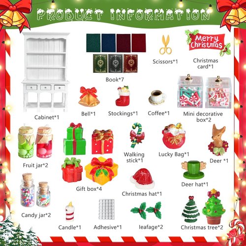 BEIREG Dollhouse Miniatures Accessories 1/12 Scale, 34pcs White Wooden Bookshelf Furniture Kit - Mini Books&Gift Boxes, Candy Jars, Christmas Tree&hat, Dollhouse Christmas Decorations for Kids