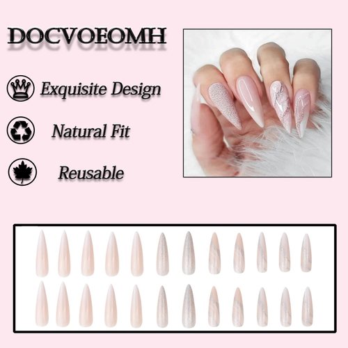 DOCVOEOMH Stiletto Press on Nails Glossy Long Glitter Fake Nails Almond Glue on Nails with Design Full Cover False Nails Stick on Nails for Women 24Pcs