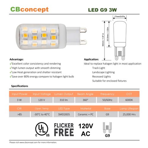 CBconcept UL-Listed, G9 LED Light Bulb, 2-Pack, 3 Watt, 310 Lumens, Not Dimmable, Pure White 6000K, 360° Beam Angle, 120 Volt, 40W Equivalent, JCD Halogen G9 Replacement Bulb [Newest Version]