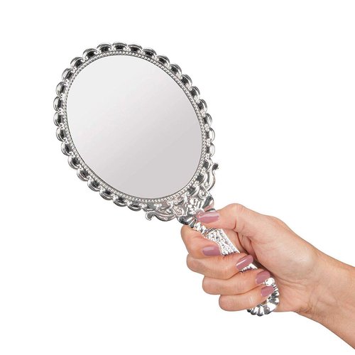 BAOZOON Vintage Hand Mirror with Handle - Cute Cosmetic Handheld Mirror Vanity Makeup Mirror Travel Mirrors 9.8x4.5in (Silver)