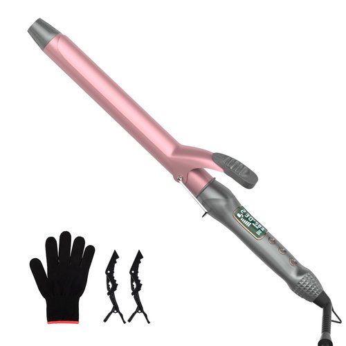 Extra Long Barrel Curling Iron 1 Inch, Travel Dual Voltage Curling Wand for Long Hair with LCD Display, Ceramic Tourmalin Wand Hair Curler for Tight Curls with Protective Glove & 2 Clips