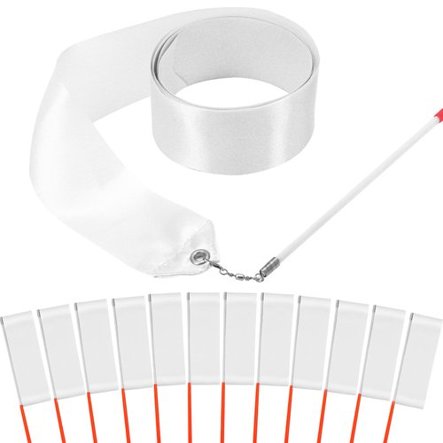 HiUnicorn 12PCS White Dance Ribbons for 4th of July Accessories, Praise Dance Streamers Ribbon Dancer Wands for Party Favors Kids Gymnastics Ballerina Birthday Party Decoration