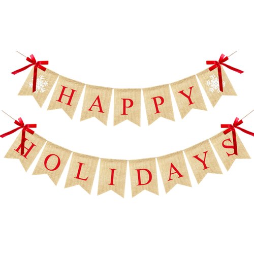 VILIFEVER Happy Holidays Banner Burlap, Christmas Decorations for Home Office, Christmas Banner for Fireplace Mantel Indoor Outdoor Decor, Christmas Holiday Sign Xmas Party Supplies