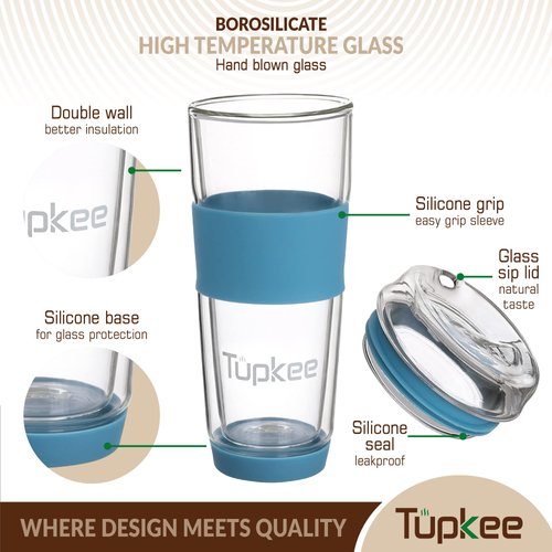 Tupkee Double Wall Glass Tumbler - 14-Ounce, All Glass Reusable Insulated Tea/Coffee Mug & Lid, Hand Blown Glass Travel Mug - Niagara