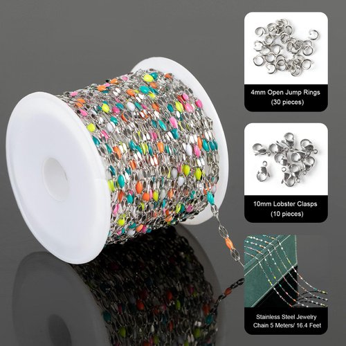 UMAOKANG 16.4 Feet Stainless Steel Chain for Jewelry Making Dainty Chain Necklace for Women Colorful Enamel Link Chain with Jump Rings and Lobster Clasps