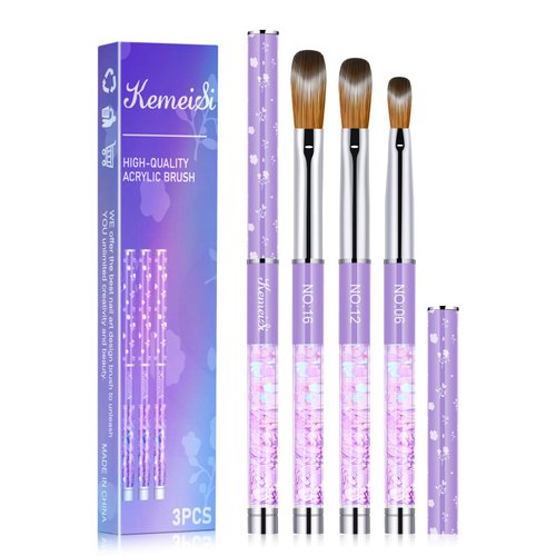 KEMEISI 3PCS Acrylic Nail Brush Set, Size 06/12/16 Kolinsky Nail Art Brushes for Acrylic Application, Sturdy Handle Oval Shaped Acrylic Powder Nail Design Tools for Professional Manicure DIY Home