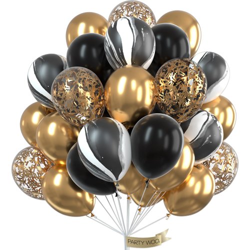 PartyWoo Gold and Black Balloons, 60 pcs Black Balloons, White Balloons, Black Marble Balloons, Gold Metallic Balloons, Gold Confetti Balloons for Great Gatsby Party, Hollywood Party, 1920 Party Decor