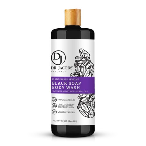 Dr Jacobs Naturals Authentic African Black Liquid Soap with Lavender & Sage Scent All-In-One Face Wash, Sensitive Skin Body Wash, Shampoo, Shaving Soap | Moisturizing and Nourishing Formula 32oz 1pk