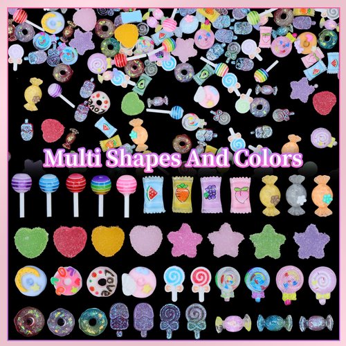 3D Candy Nail Charms, Lollipop Donuts Nail Charms, Multi Shapes and Colors Heart Star Candy Nail Charm for 3D Nail Art, Assorted Cute Nail Charms for Nail Art DIY Decorations Design with Pickup Tools