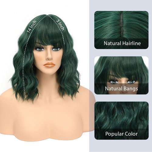 LOSMOEER Dark Green Wig with Bangs Short Wavy Wigs for Women Shoulder Length Curly Bob Wigs Heat Resistant Synthetic Wigs for Halloween Cosplay Daily Party Use