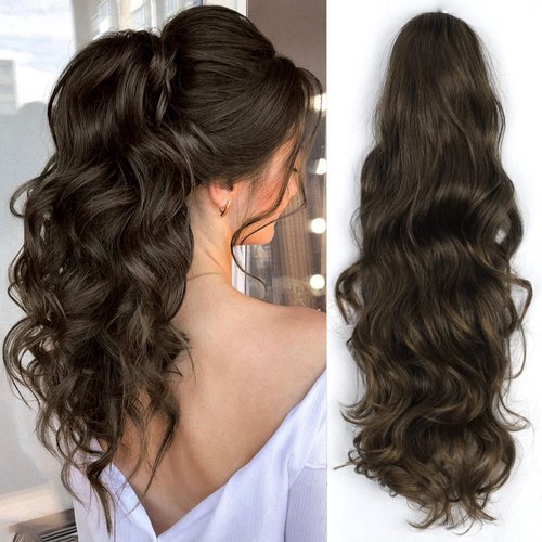 ORSUNCER Long Ponytail Extension Claw Clip in Long Medium Ash Brown Curly Wavy Ponytail Hair Extension for Women Brown Pony Tail for Daily Use