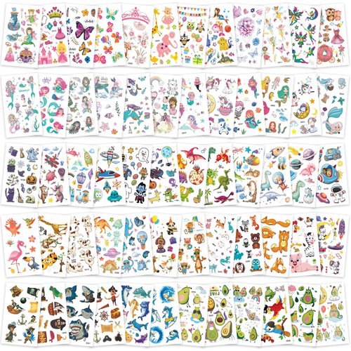 Zhtulck Tattoos for Kids, 600+ Mixed Styles Temporary Tattoos Set Girls and Boys, Waterproof Cartoon Fake Tattoo Stickers Set for Kids Party Bags Birthday Present Favors Supplies