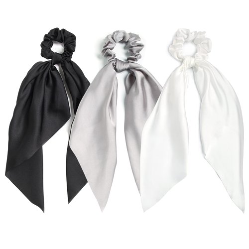 3PCS Hair Scarf Scruncheis for Women Knotted Bow Hair Ties Elastic Bands Satin Hair Ribbon Scrunchy Red Ponytail Holder for Women and Girls (Black White Gray)
