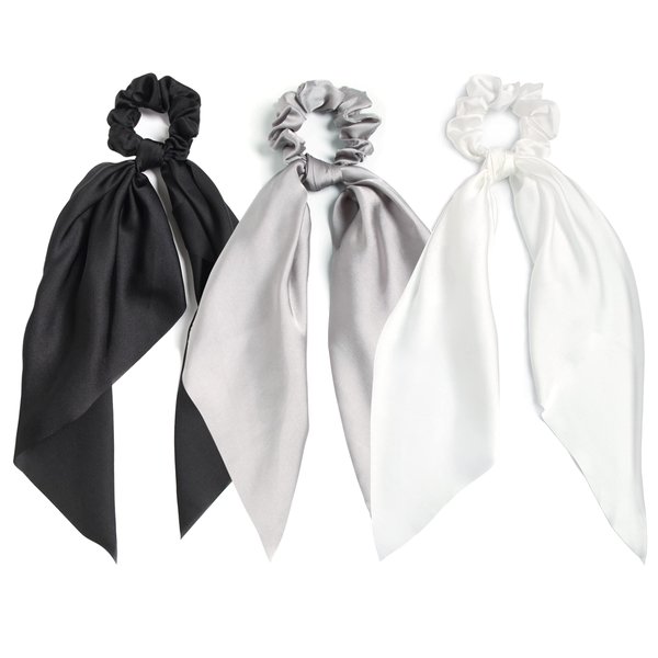 3PCS Hair Scarf Scruncheis for Women Knotted Bow Hair Ties Elastic Bands Satin Hair Ribbon Scrunchy Red Ponytail Holder for Women and Girls (Black White Gray)