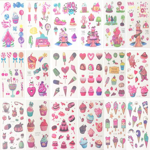 18 Sheets of Dessert Temporary Tattoos Cartoon Rainbow Ice Cream Lollies Cookie Cake Heart Tattoo Stickers for Girls Boys Kids Adults – Great for Birthday Party Sweet Summer Party Supplies