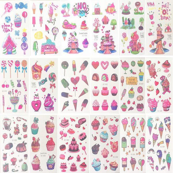18 Sheets of Dessert Temporary Tattoos Cartoon Rainbow Ice Cream Lollies Cookie Cake Heart Tattoo Stickers for Girls Boys Kids Adults – Great for Birthday Party Sweet Summer Party Supplies