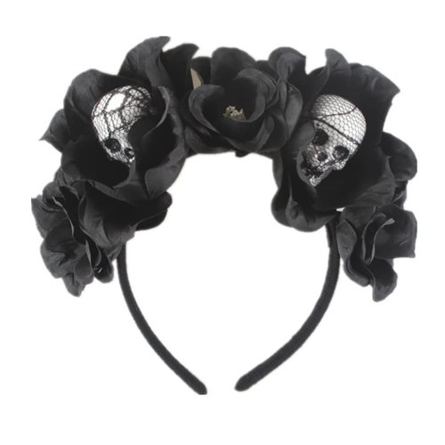 JEAIRTS Halloween Rose Veil Headband Skull Hair Band Black Flower Crown Day of The Dead Headpiece Gothic Costume Accessories (1-Skull Headband)