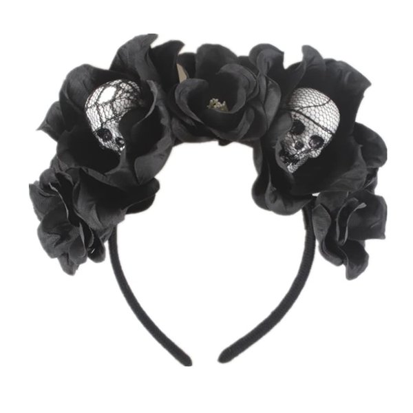 JEAIRTS Halloween Rose Veil Headband Skull Hair Band Black Flower Crown Day of The Dead Headpiece Gothic Costume Accessories (1-Skull Headband)